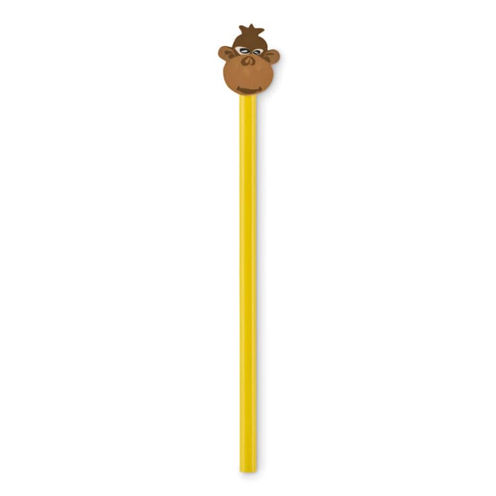 A yellow straw with a cartoon cow's head on the top, featuring a friendly expression and brown accents.