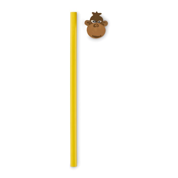 A yellow drink straw with a monkey-shaped topper. The straw is long and the topper features a playful monkey face.