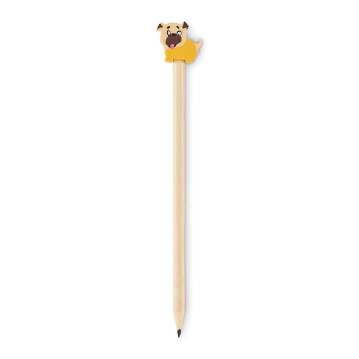 A pen with a yellow dog-shaped topper and a light wooden body, featuring a black writing tip.