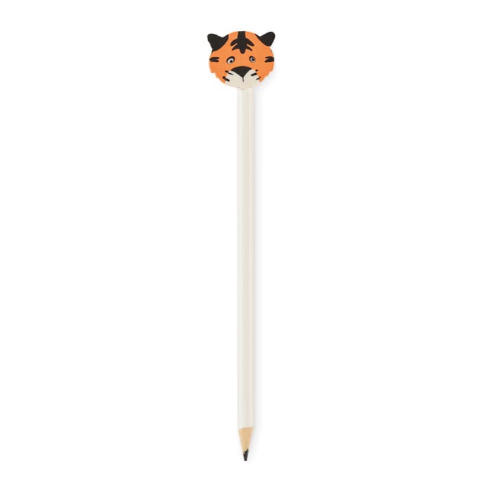 A pencil with a tiger head eraser, featuring orange and black details on a white body. It includes a sharpened lead tip.