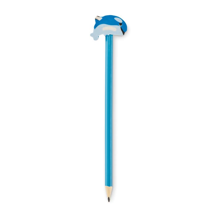 A blue pencil featuring a dolphin-shaped eraser at the top. It has a simple design with a tapered point.