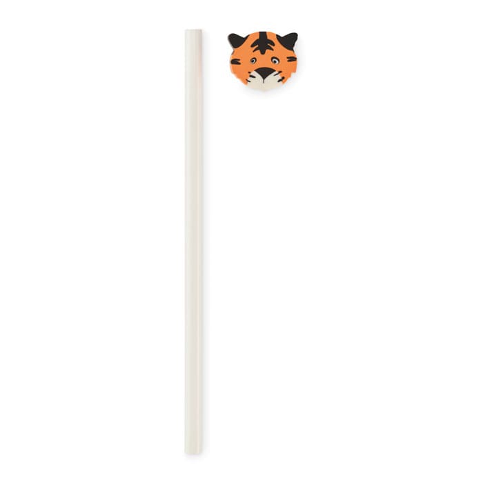 A drink bottle straw featuring a tiger head design in orange and black, alongside a plain white straw.