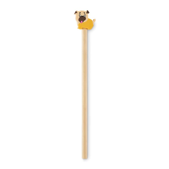 A pencil with a light wooden body featuring a playful yellow dog topper.