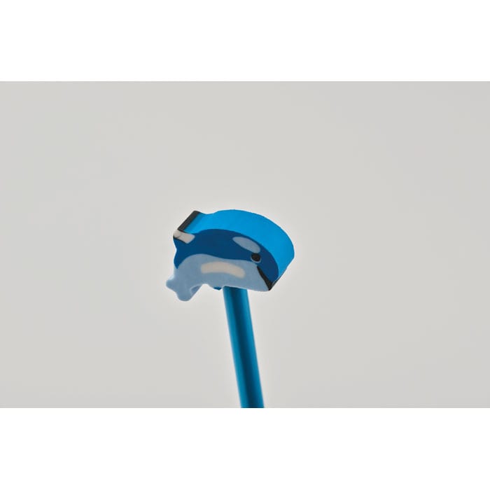 A blue drink bottle with a whale-shaped lid and a matching straw. The bottle has a simple design.