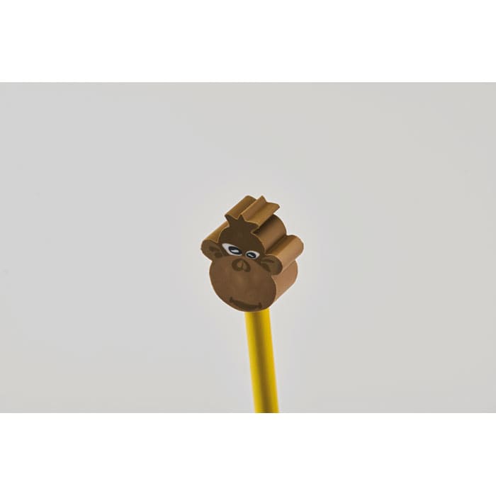 A pencil with a yellow shaft and a brown monkey head topper featuring eyes and a playful expression.