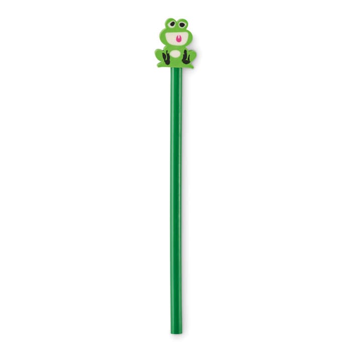 A green pencil with a frog-shaped topper, featuring a smiling face and outstretched tongue.