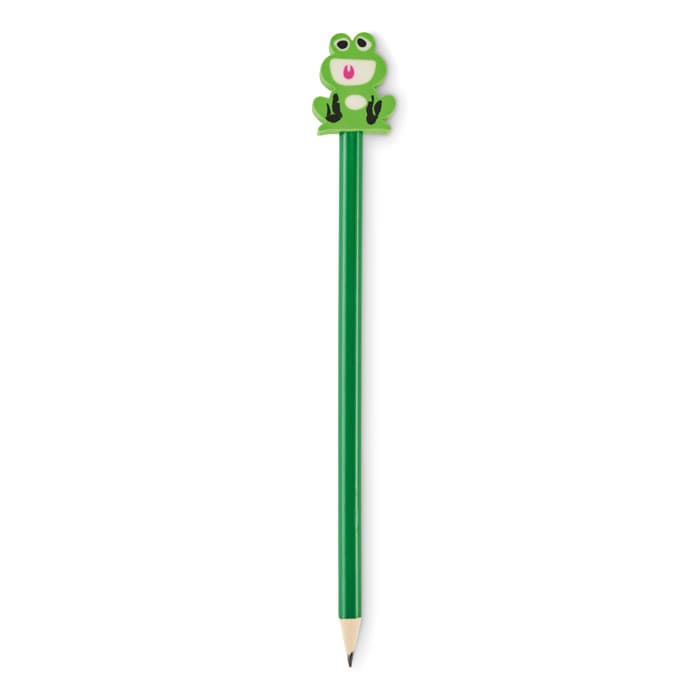 A green pencil adorned with a frog-shaped topper, featuring a smiling face.
