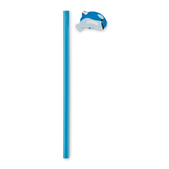 A blue drink straw with a dolphin-shaped topper. The straw is straight and features a playful design.