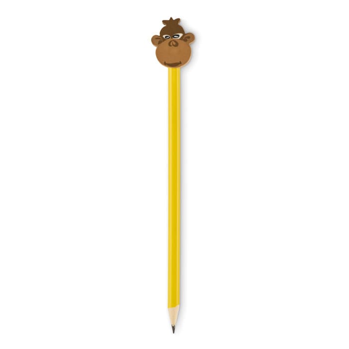 A yellow pencil with a brown monkey head eraser on top, featuring simple facial details and a smiling expression.