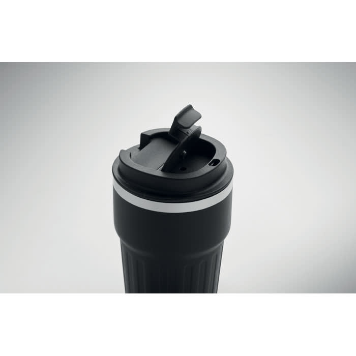 A drink bottle in black with a silver band and a flip-top lid. It features a logo on the side.