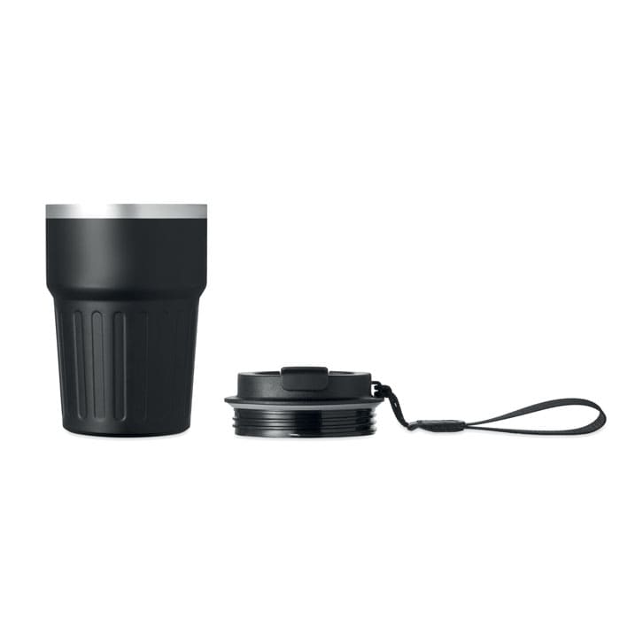 A black drink bottle with a stainless steel lid and a detachable base. It features a logo on the side.