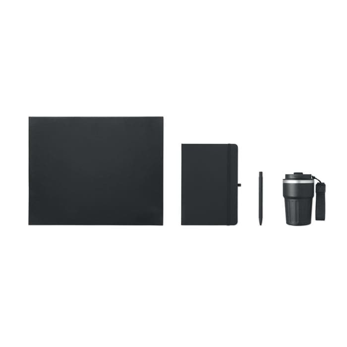 A black notebook, pen, and drink container arranged on a white background, with a brand logo visible on the container.