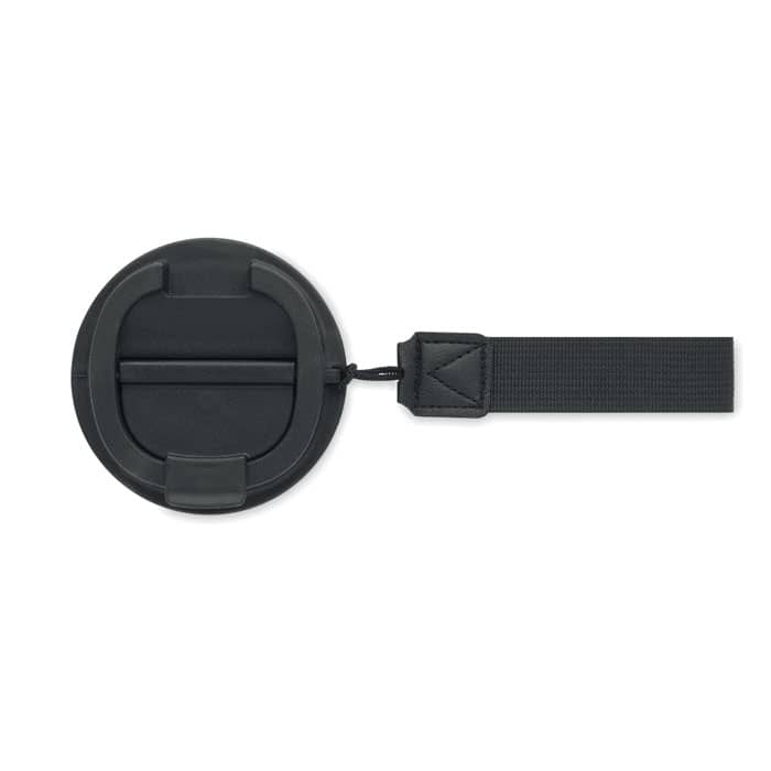 A black promotional product with a strap, featuring a round shape and a textured surface. It has a logo.