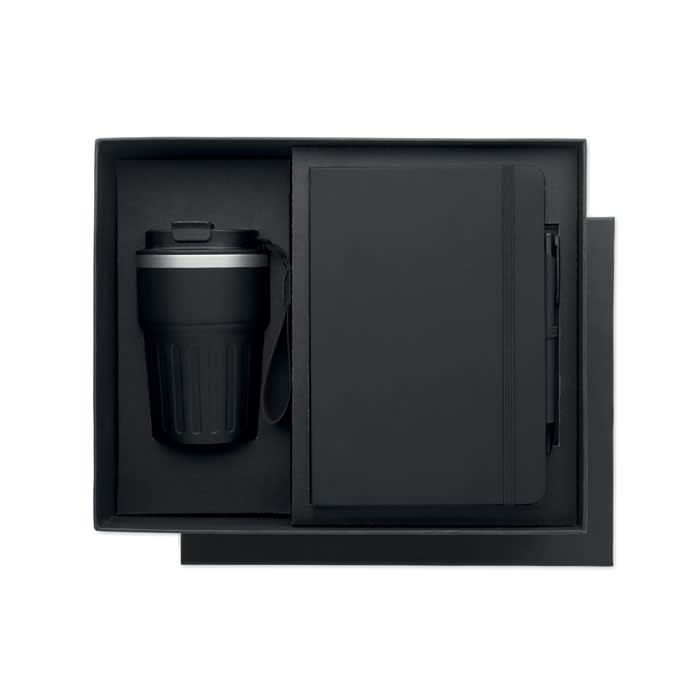 A black gift box containing a black drink bottle and a black notebook. The set features a sleek, modern design.
