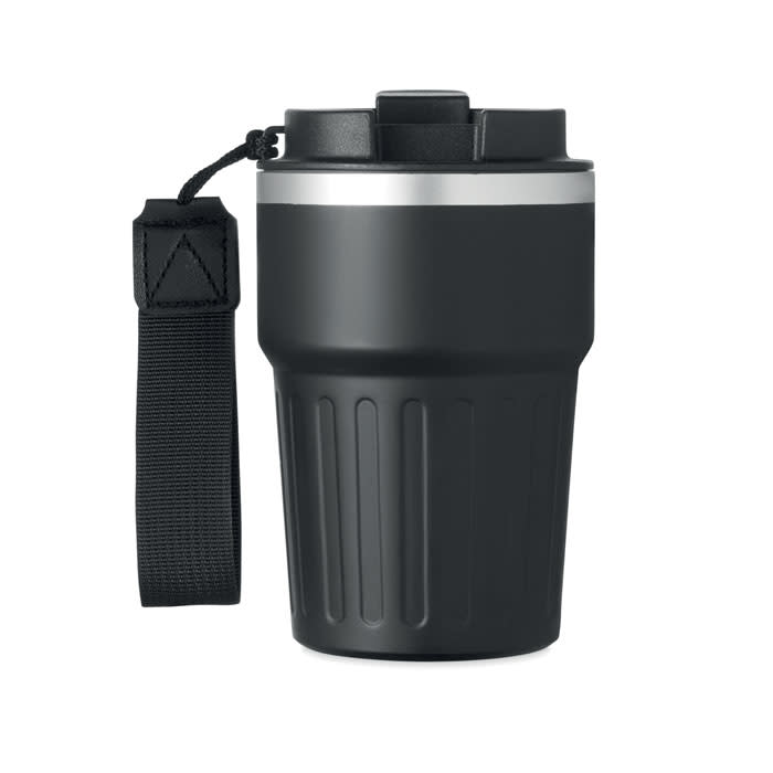 A drink bottle in matte black with a silver band and a textured grip, featuring a detachable strap.