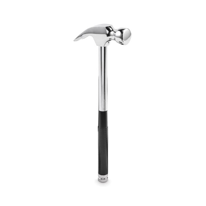 A hammer with a polished metal head and a black rubberised grip, featuring a shiny silver shaft.