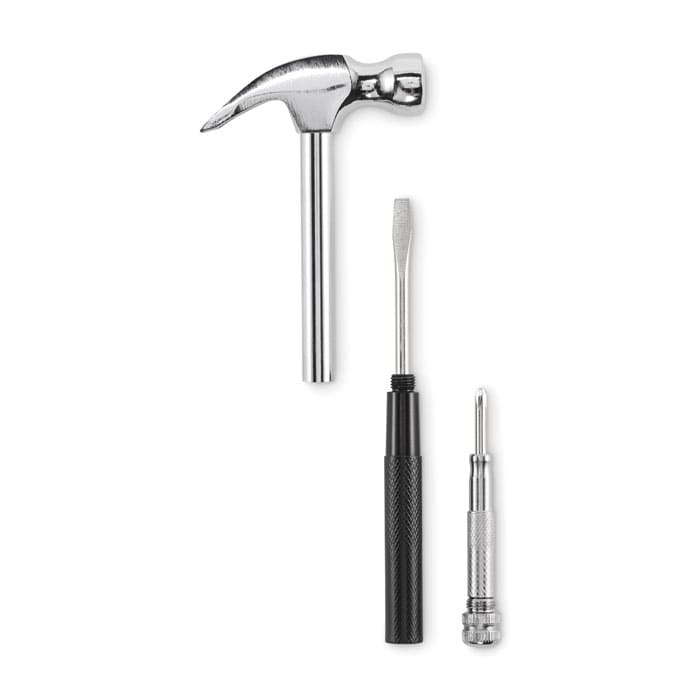 A hammer and two tools with metal components. The tools include a claw and a screwdriver, all in metallic colours.