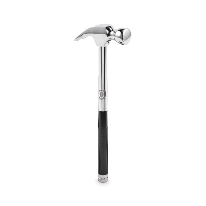 A hammer with a shiny silver head and a black rubber grip handle, featuring a logo on the handle.