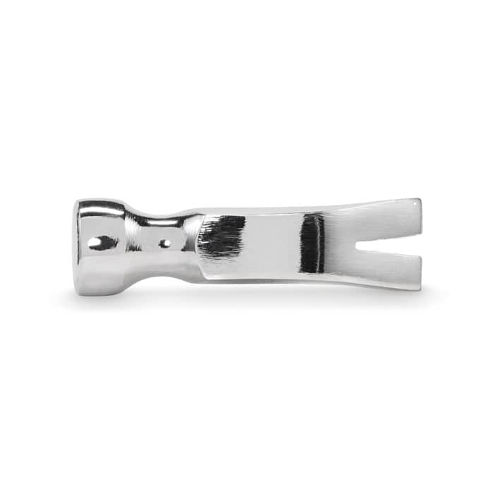 A silver metal tool with a forked end, designed for specific tasks. It has a smooth finish and a compact shape.