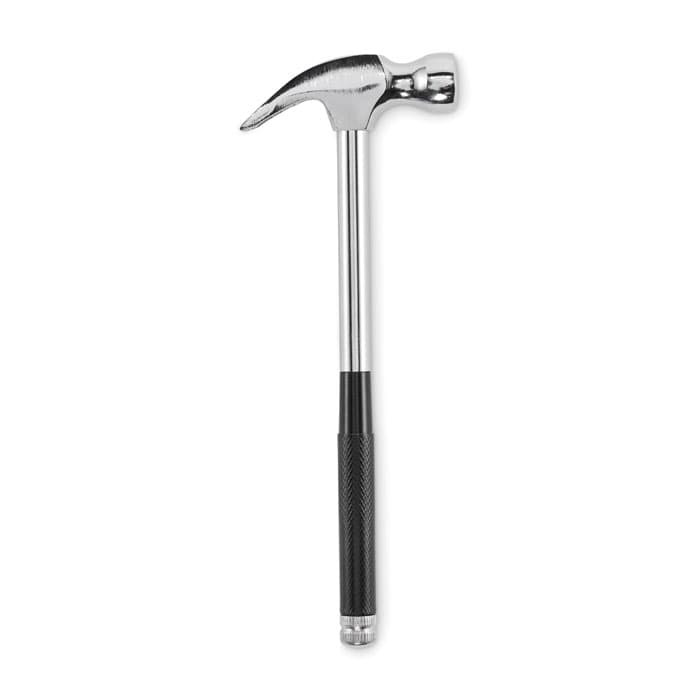 A hammer with a chrome finish and a black rubber grip, featuring a curved claw for pulling nails.
