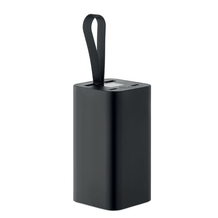 A portable power bank in sleek black with a carrying strap and a simple design.