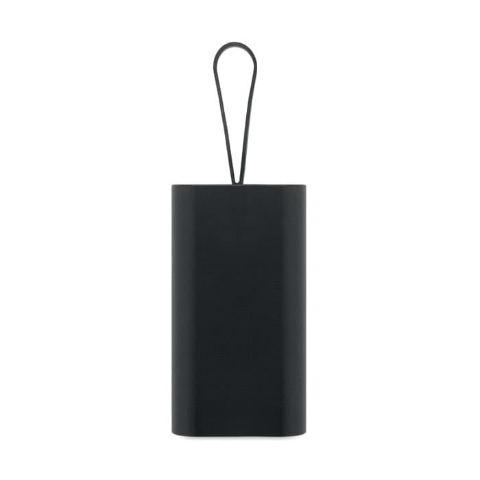 A drink bottle in sleek black colour with a looped handle on the top and a minimalist design.
