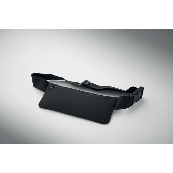 A black waist bag with an adjustable strap, featuring a sleek design and a logo on the front.