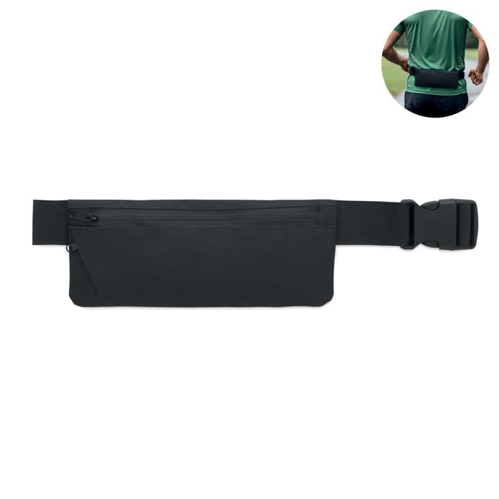 A black waist bag with a buckle closure and zippered pocket, featuring a logo.
