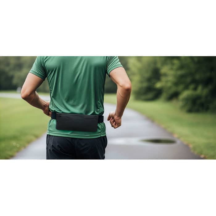 A waist bag in black is worn by a person in a green shirt, set against a blurred outdoor pathway.