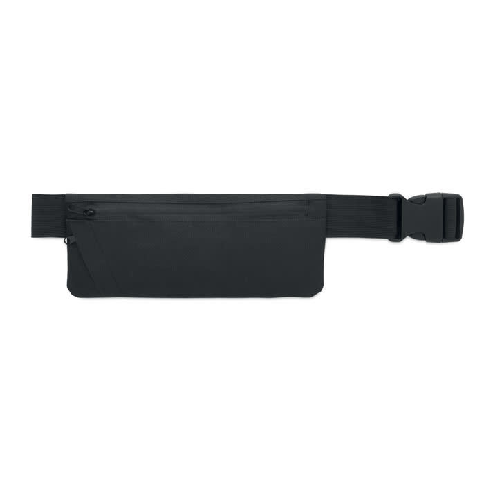 A black waist pouch with a zippered compartment and an adjustable strap. It features a logo.