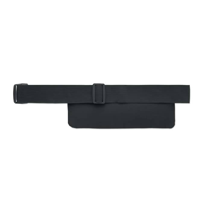 A black belt bag featuring an adjustable strap and a flat compartment for storage. Includes a logo.