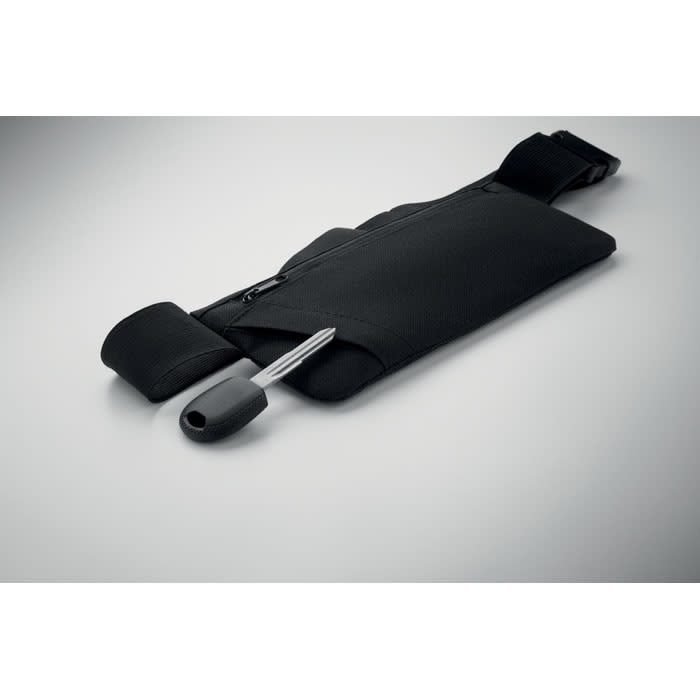 A drink bottle holder in black fabric with a zip pocket for storing small items and an attached tool.
