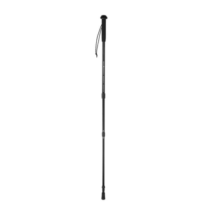 A hiking pole in black with adjustable length and a textured handle for grip. It includes a wrist strap.