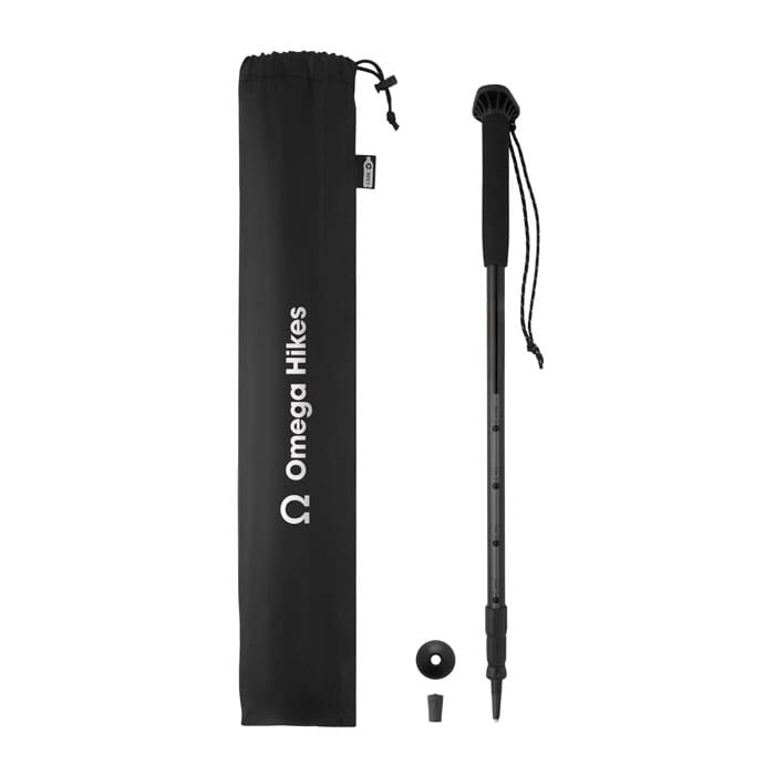 A hiking pole and a black carrying bag. The pole is black and includes an adjustment feature.