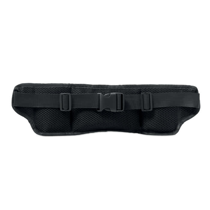 A black mesh weight belt featuring three compartments and an adjustable buckle.