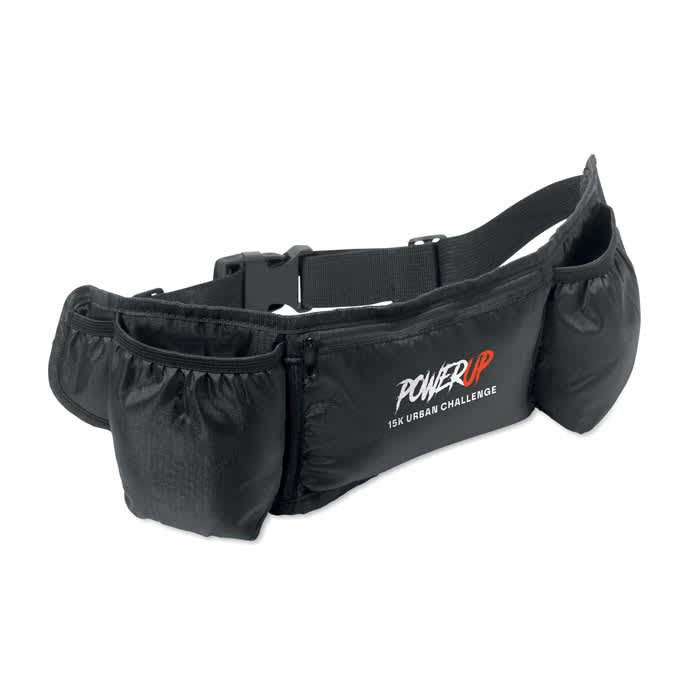 A running belt in black with multiple pockets and an adjustable strap, featuring a logo.