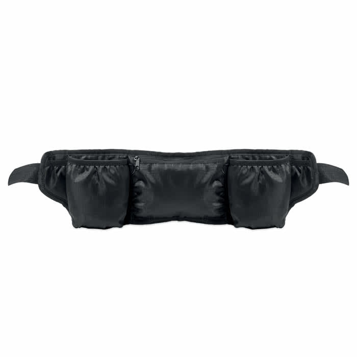A black utility belt with three pouches and adjustable straps for carrying items. Features a sleek and simple design.