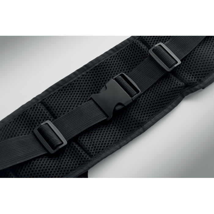 A black adjustable strap featuring a buckle and mesh padding for comfort. It has a sleek design and detailed stitching.