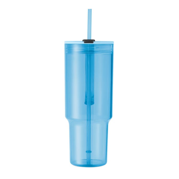 A drink bottle in translucent blue with a straw and a small lid. It features a simple and modern design.