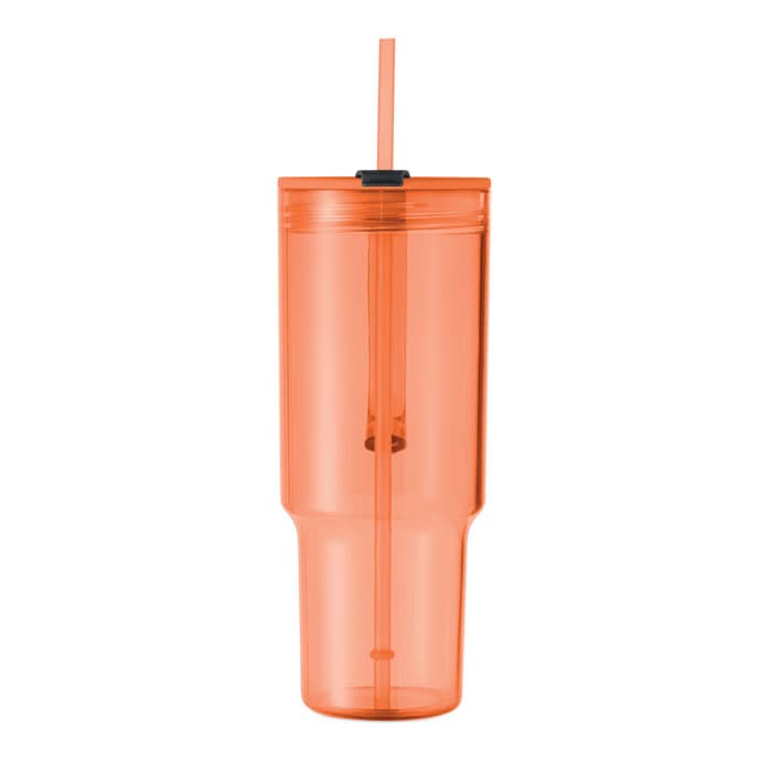 An orange drink bottle with a straw and a black lid, featuring a simple design and branding.
