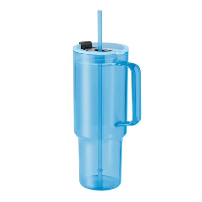 A drink bottle in translucent blue with a handle, straw, and a secure lid. It features a simple design and modern style.