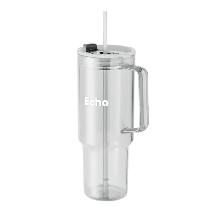 A drink bottle in clear plastic with a grey handle and a straw, featuring a logo on the front.