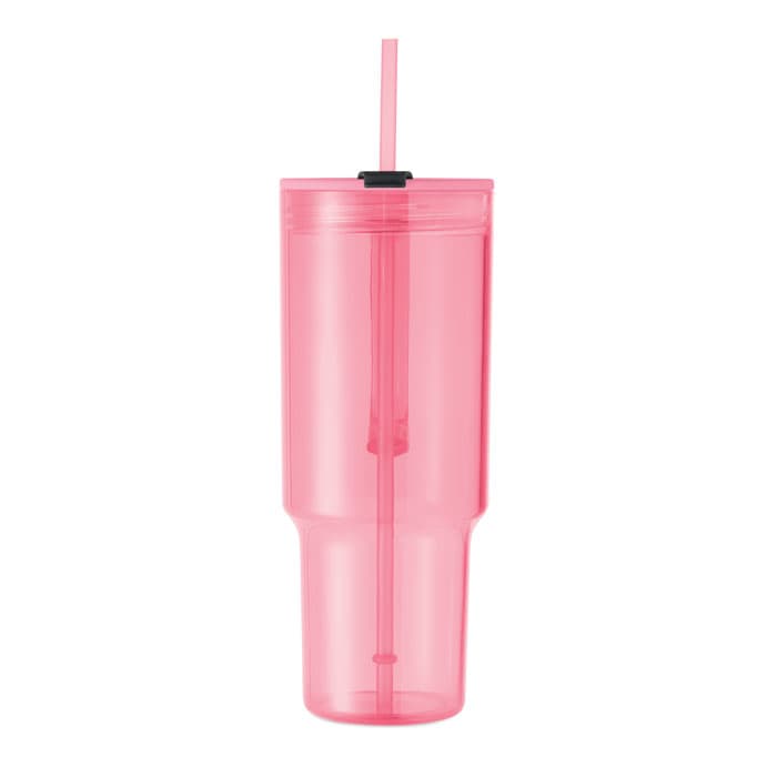 A pink drink bottle with a straw and a black lid, featuring a smooth surface and a tall design.