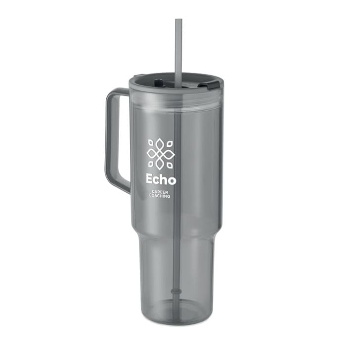 A drink bottle in grey with a handle and straw, featuring a logo on the side.