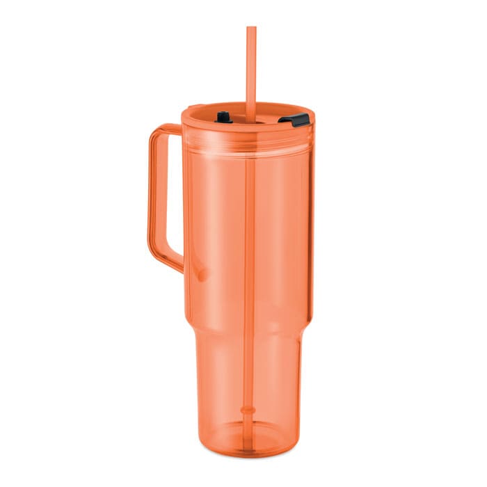 An orange drink bottle with a handle, straw, and black lid features a logo on the side.