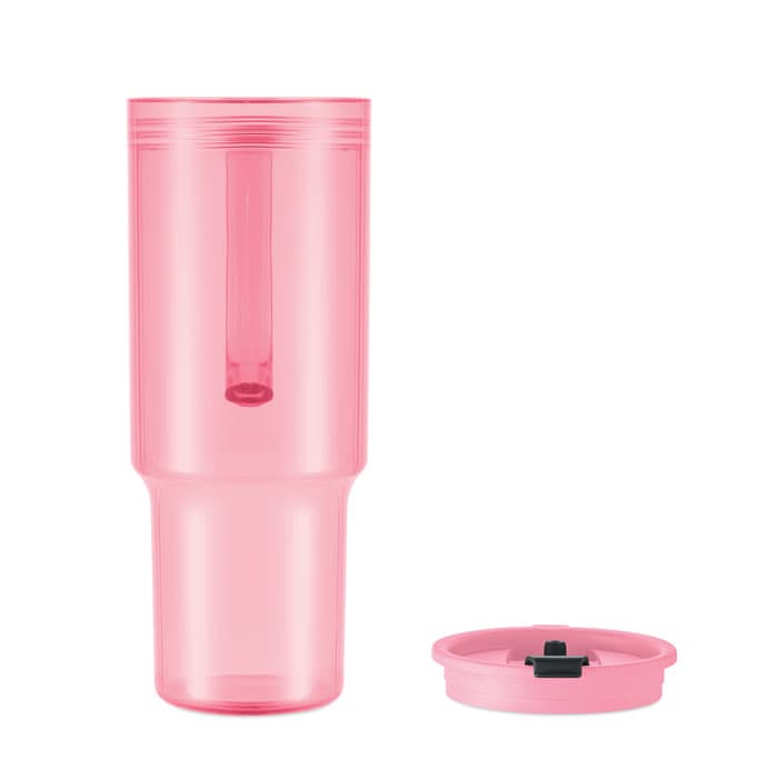 A drink bottle in pink with a matching screw-on lid. It features a built-in straw for easy sipping.