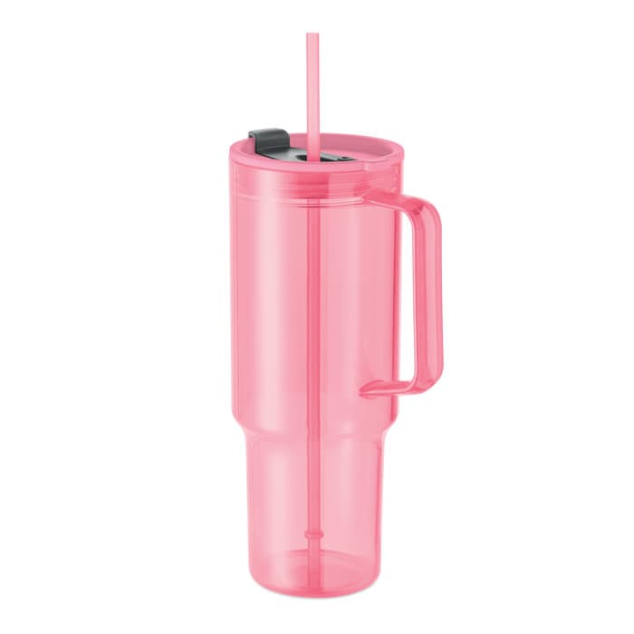A drink bottle in a vibrant pink colour, featuring a handle, a straw, and a fitted lid.