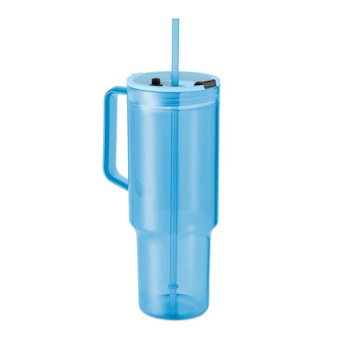 A drink bottle in translucent blue, featuring a handle and a straw with a secure lid.