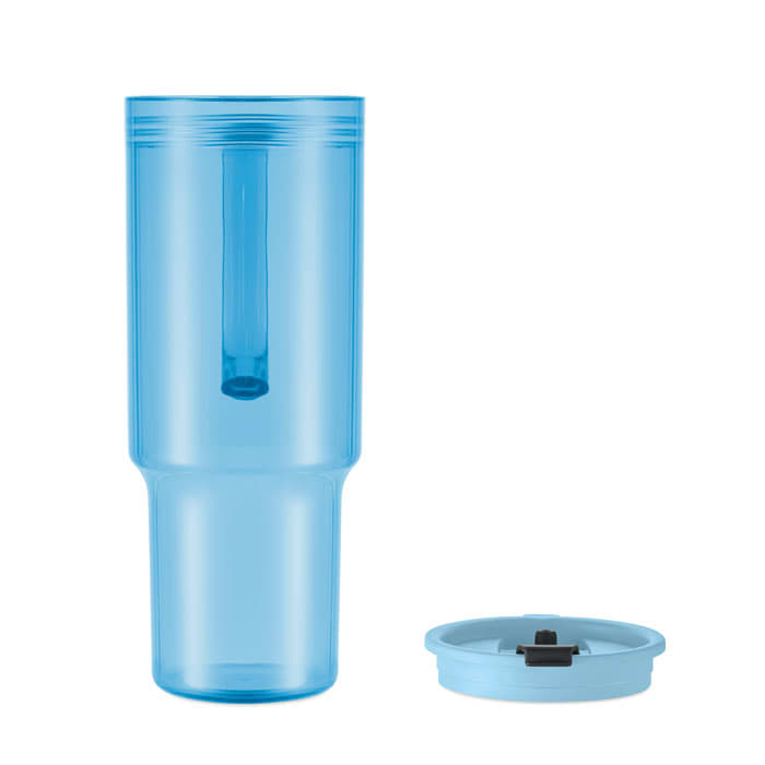 A blue drink bottle with a detachable lid. The bottle features a built-in straw and a logo on its surface.
