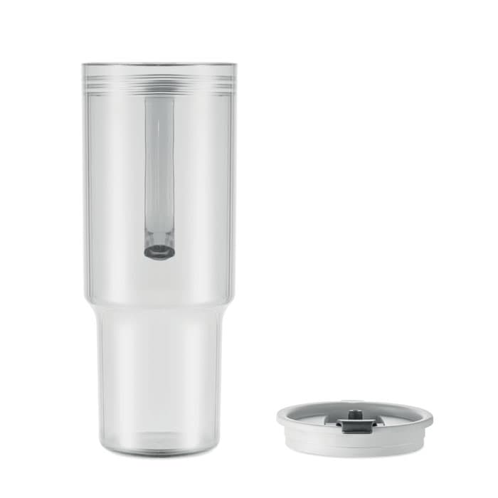 A clear drink bottle with a removable lid, featuring a built-in straw and a sleek design.